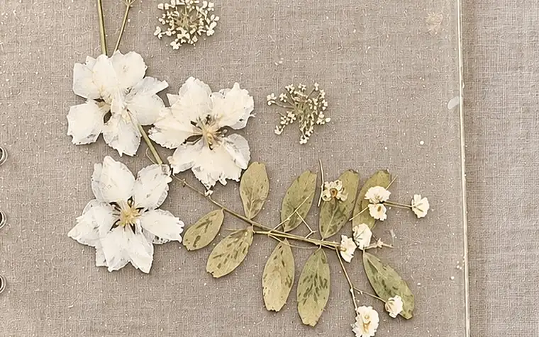 Her white flowers and leaves laid out on the piece, before any resin