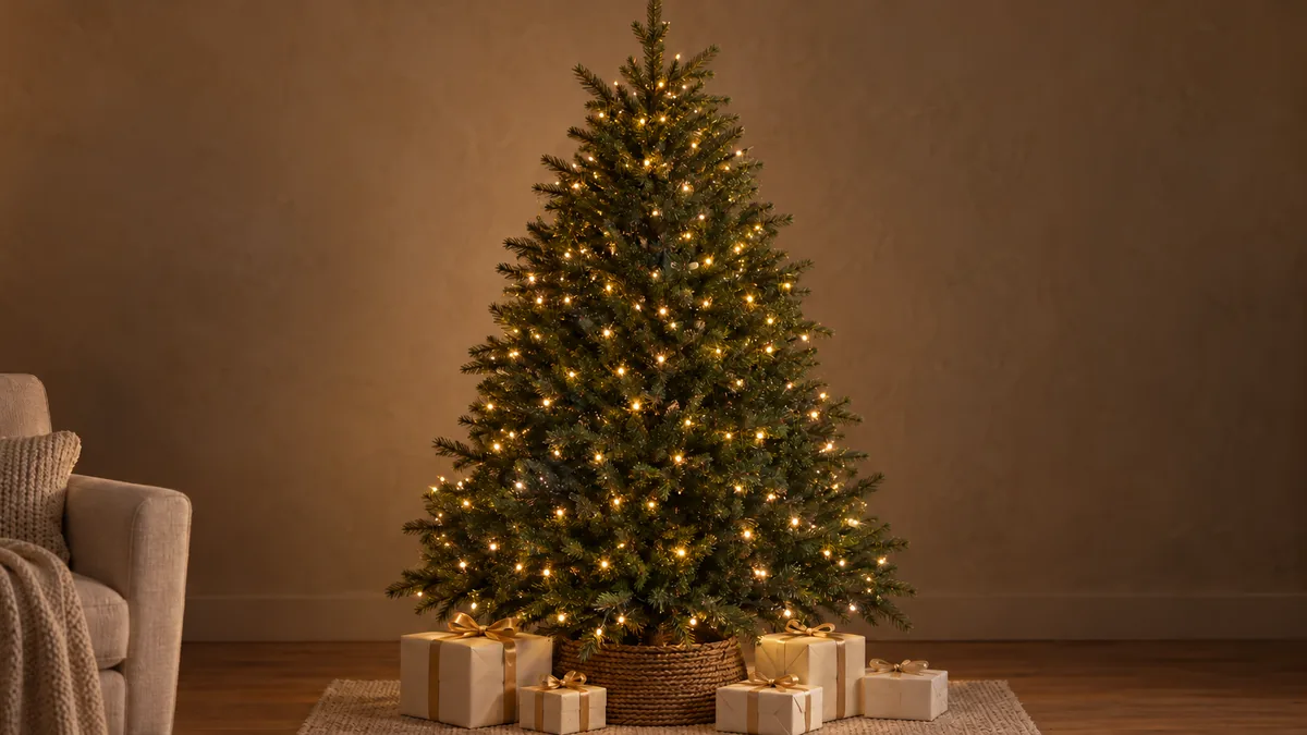 A dark room with an empty Christmas tree hung with her resin ornaments